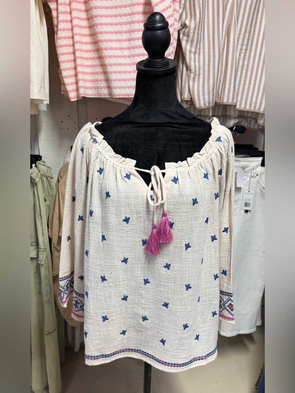 Boho Embroidered Off-Shoulder Peasant Top - Cream with Blue Motifs - Easel